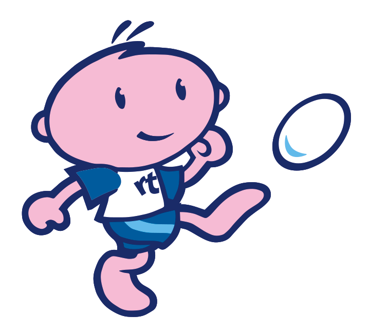 Rugbytots' mascot Arty kicking a ball