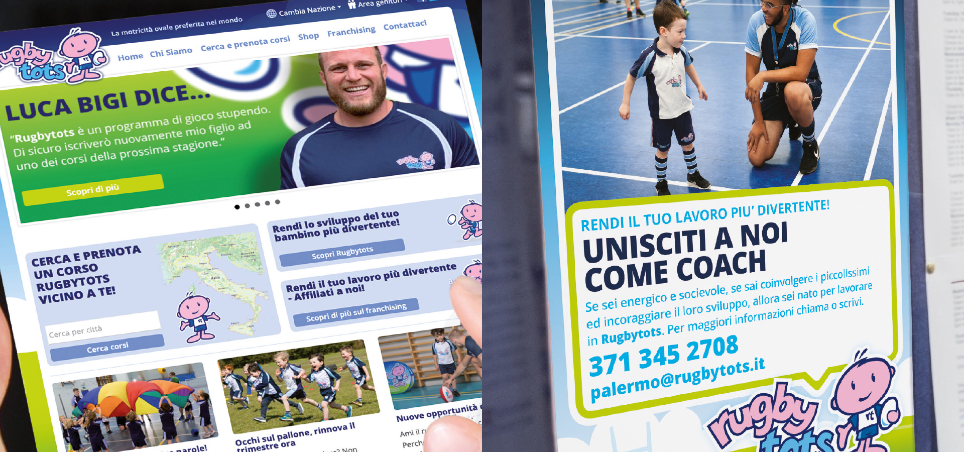 Sito web di Rugbytots e poster di reclutamento