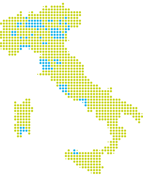 Mappa che indica la disponibilità alta e bassa delle franchigie Rugbytots in Italia